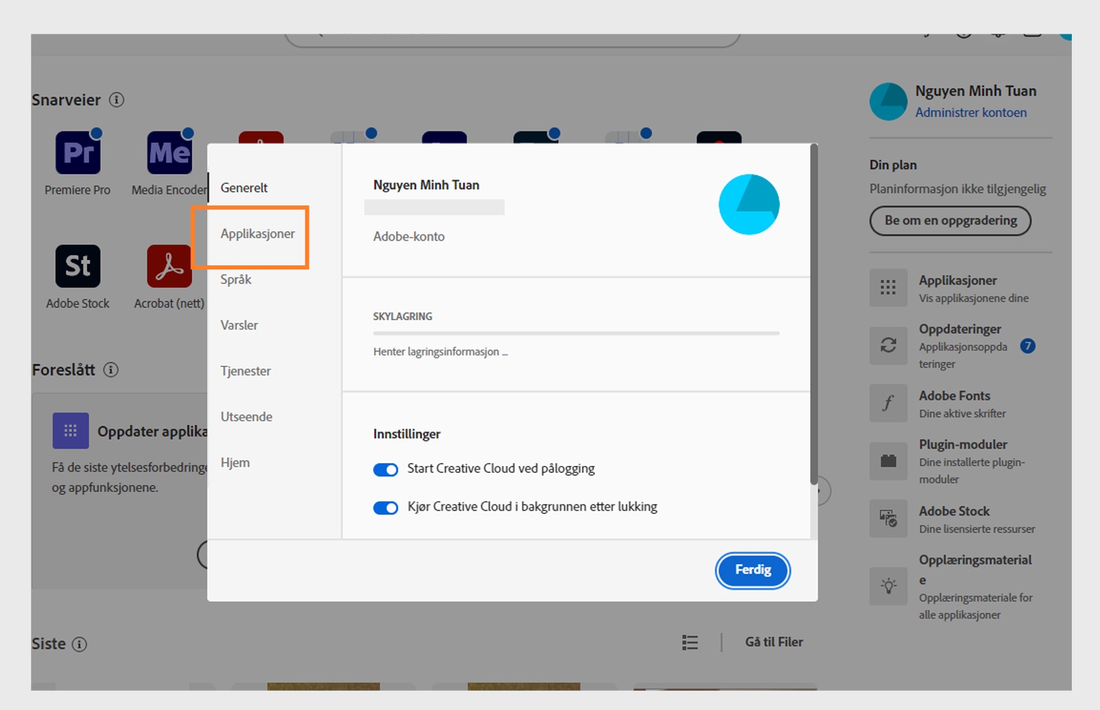 Adobe Creative Cloud-innstillingspanelet åpent på «Apper»-fanen, som viser alternativer for automatisk oppdatering, installasjonssted og båndbreddebruk.