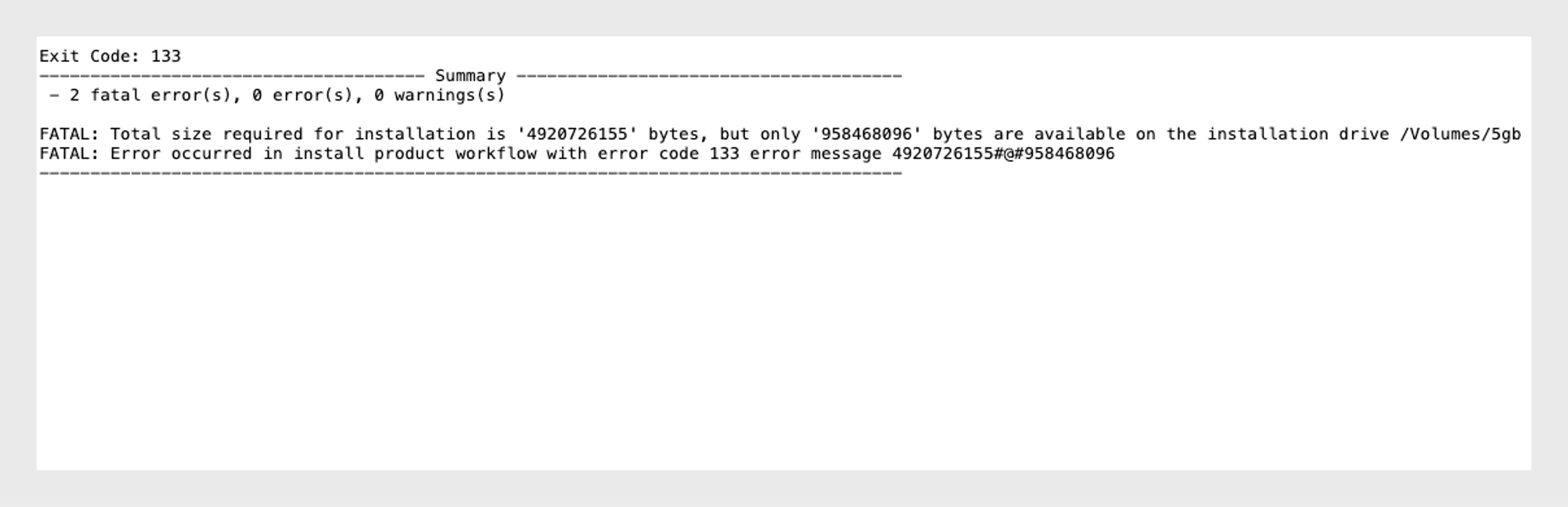 Feilkode 133 installasjonsfeilmelding som indikerer at det ikke er nok lagringsplass tilgjengelig på installasjonsstasjonen.