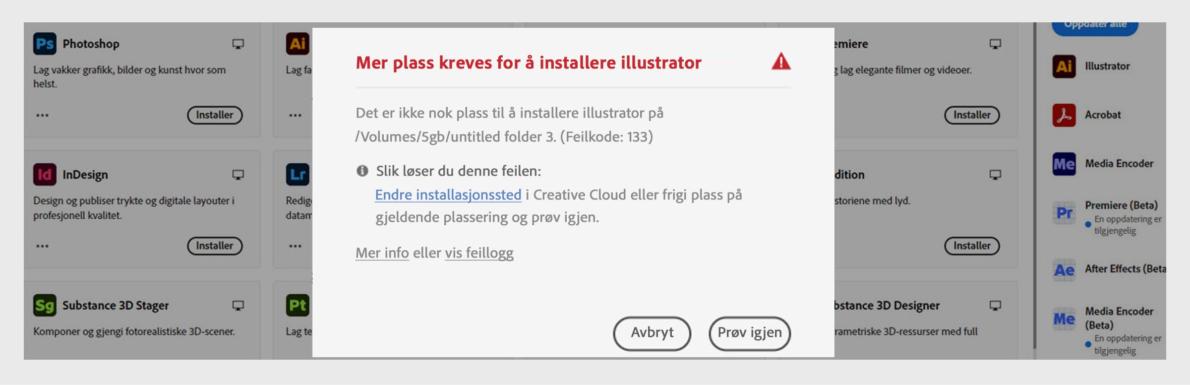 Feildialog som viser "Mer plass kreves for å installere Illustrator" med feilkode 133, melding om utilstrekkelig lagringsplass, og Avbryt- og Prøv på nytt-knapper.