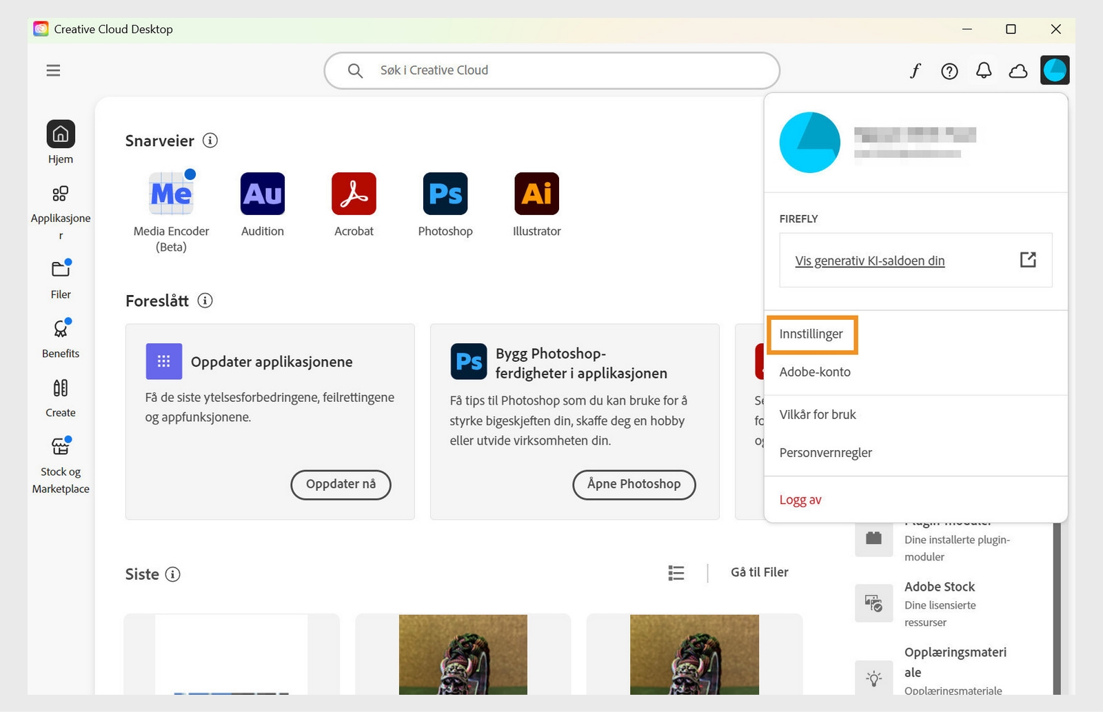 Creative Cloud-appen viser rullegardinmenyen for konto med et uthevet valg over Innstillinger-alternativet.