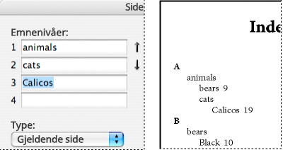 Boks for emnenivåer Stikkordregisteroppføringer