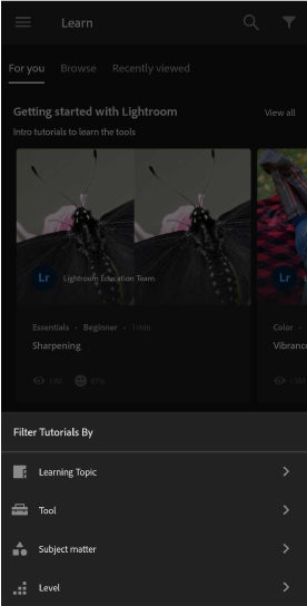Filtrer i Lær-delen