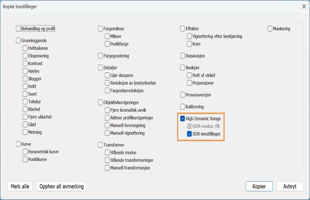 Kopier og lim inn innstillinger for HDR