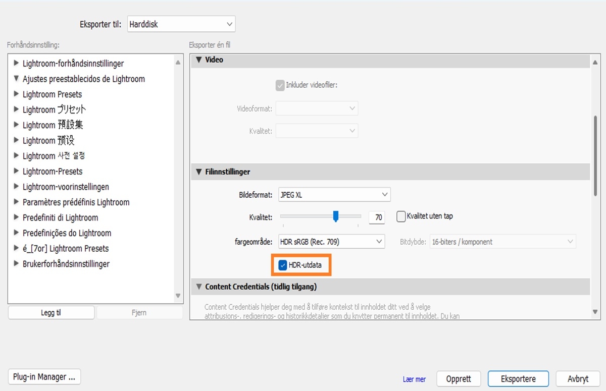 Eksporter HDR-innstilling