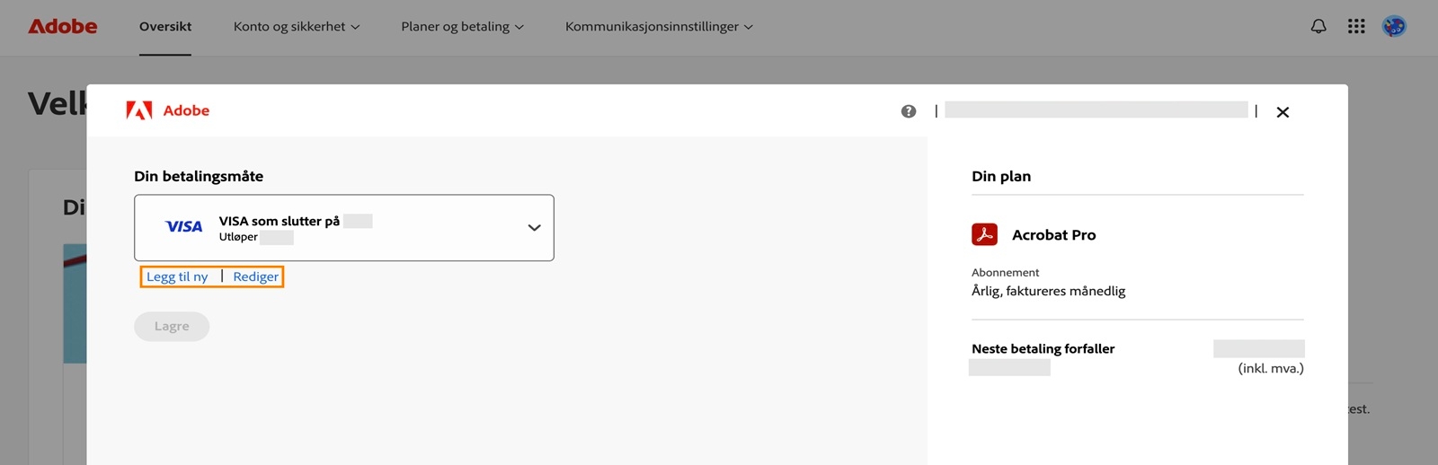 Knappene Legg til ny og Rediger på siden for betalingsmåten gir deg muligheten til å legge til en ny betalingsmåte eller redigere en eksisterende. 