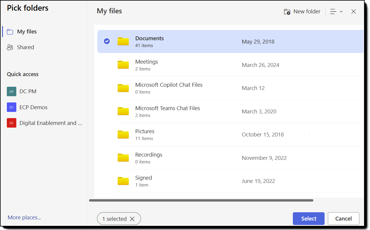 En SharePoint-liste med mapper der en er valgt.