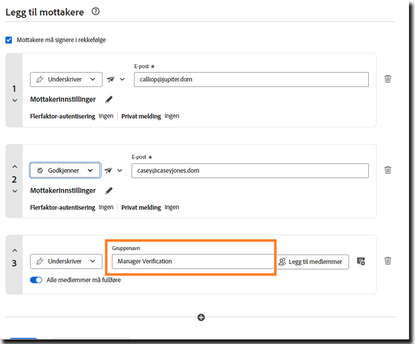 Delen med «Legg til mottaker» i Be om signaturer fremhever en gruppemottaker med gruppenavnet uthevet.
