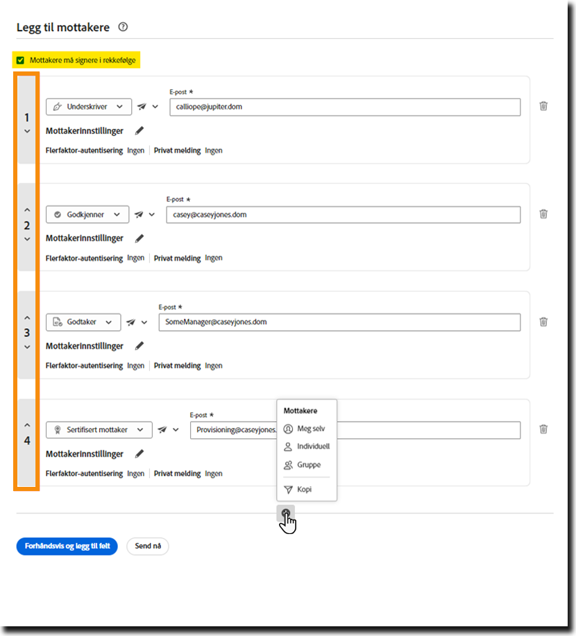 Parallell signaturkonfigurasjon på Send-siden med den aktiverte kontrollen «Mottakere må signere i rekkefølge» uthevet og indeksnumrene til mottakerne identifisert.