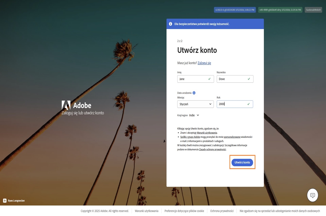 Strona Adobe Utwórz konto do rejestracji za pomocą adresu e-mail, z wprowadzonym imieniem i nazwiskiem oraz datą urodzenia i wyróżnionym przyciskiem Utwórz konto.