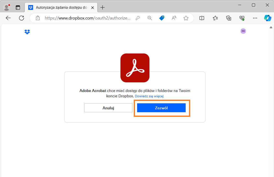 Potwierdzenie dodania konta Dropbox do programów Acrobat lub Reader