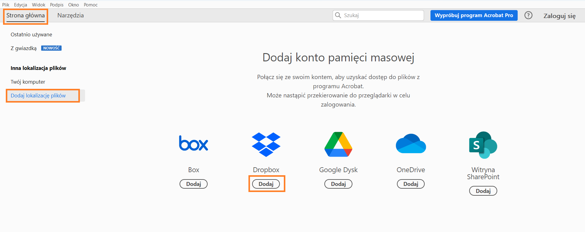 Dodawanie konta Dropbox