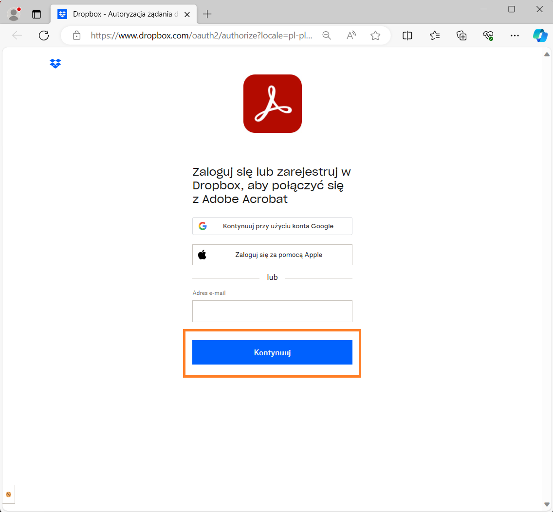 Logowanie do konta Dropbox