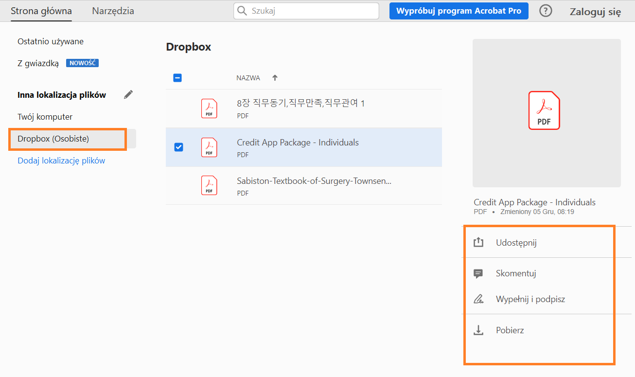 Pliki Dropbox w widoku strony głównej