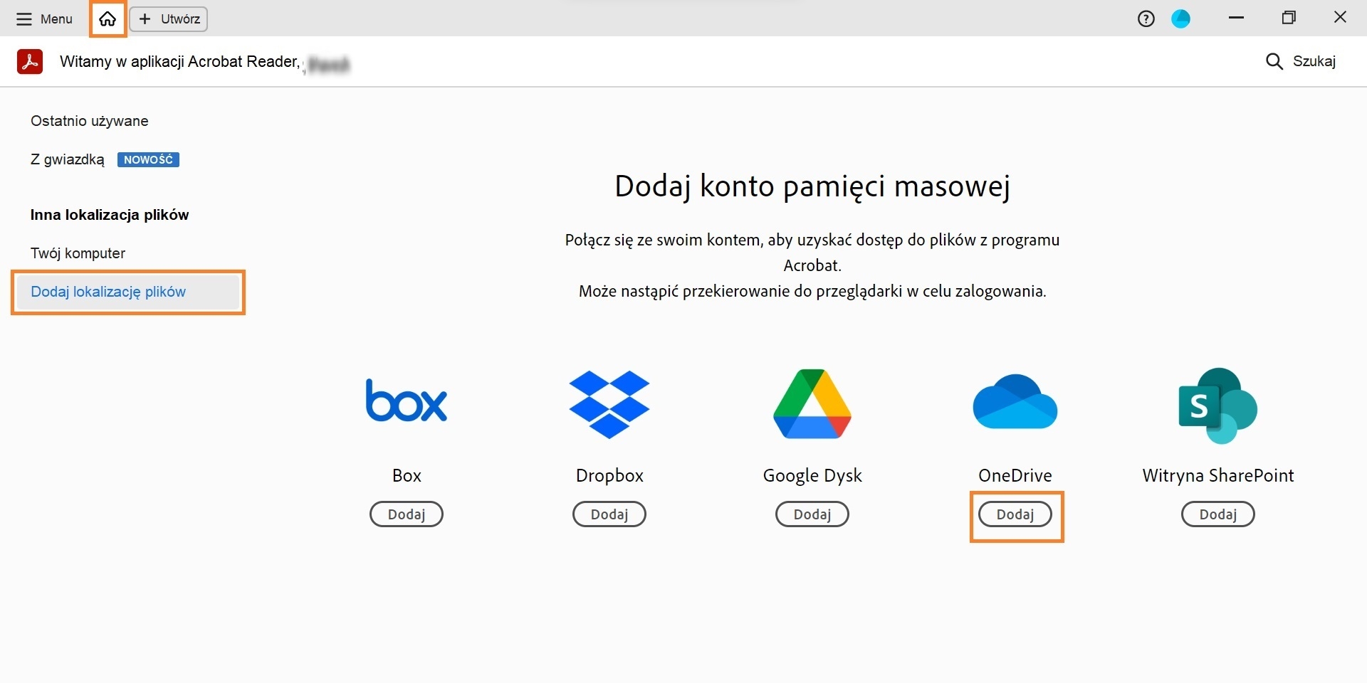 Dostęp do plików OneDrive w programie Acrobat/Reader