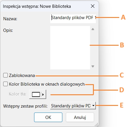 Okno dialogowe Inspekcja wstępna: nowa biblioteka  się wyświetla, a jego funkcje są podświetlone.
