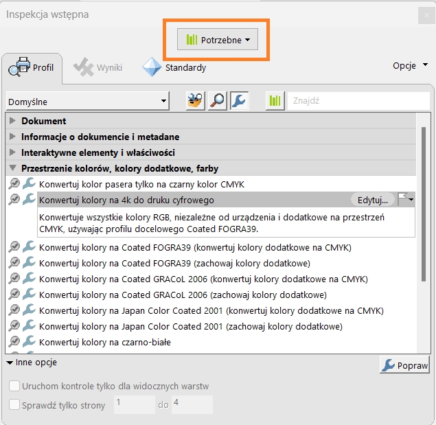 Zostanie wyświetlone okno dialogowe Inspekcja wstępna, a menu rozwijane Biblioteki zostanie podświetlone.