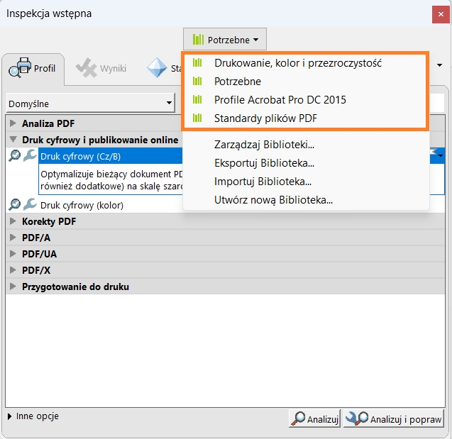 Zostanie wyświetlone okno dialogowe Inspekcja wstępna. Wszystkie domyślne biblioteki są podświetlone. 