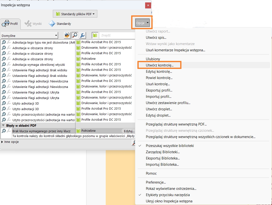 Zostanie wyświetlone okno dialogowe Inspekcja wstępna, a opcja Wybierz pojedyncze kontrole zostanie podświetlona