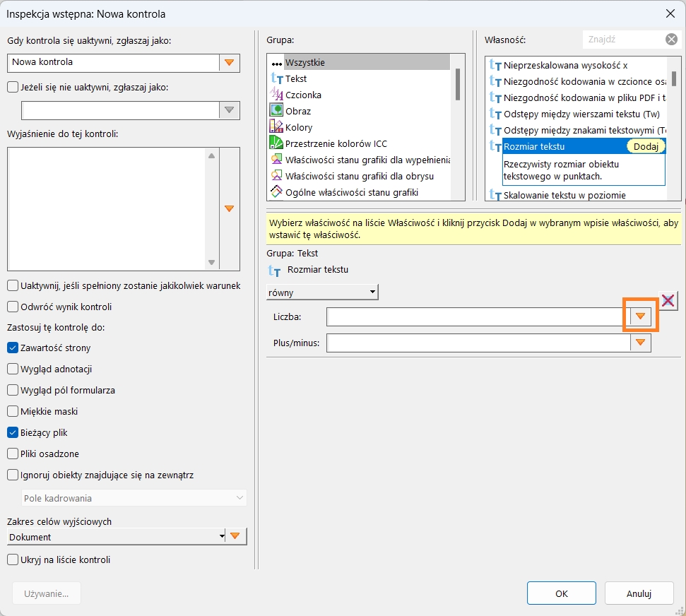 Zostanie wyświetlone okno dialogowe Inspekcja wstępna: nowa kontrola