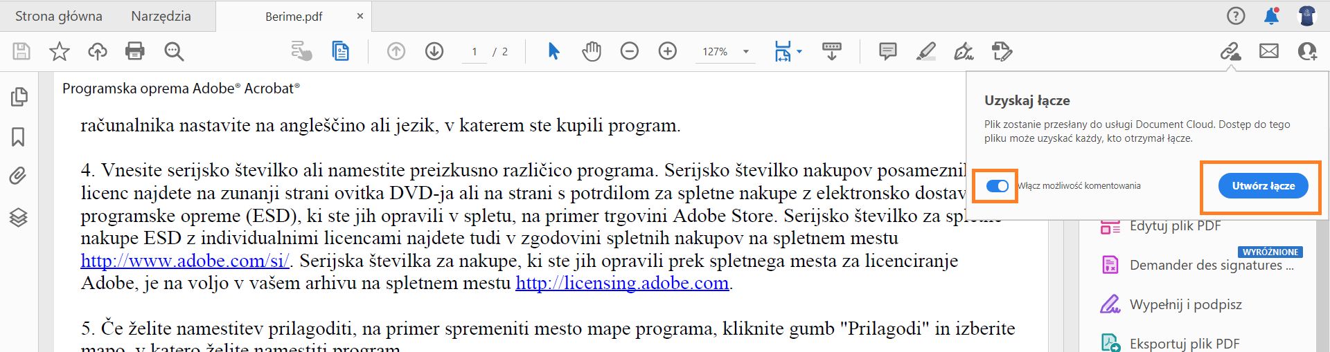 Kopiowanie linków i udostępnianie