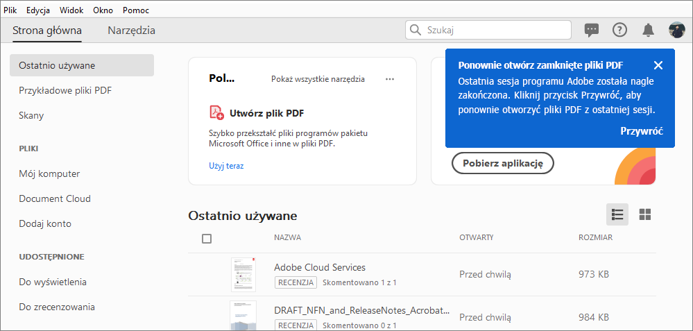 Ponowne otwieranie zamkniętych plików PDF