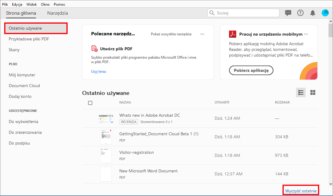 Czyszczenie ostatnich plików