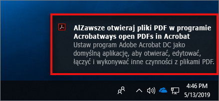Powiadomienie o możliwości ustawienia programu Acrobat jako domyślnego programu do obsługi plików PDF