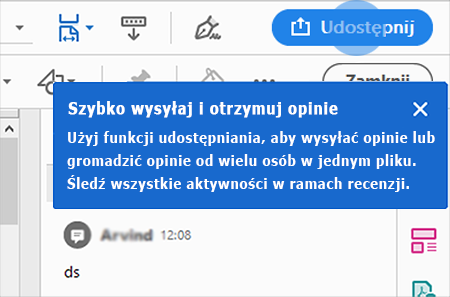 Wskazówka programu Acrobat dotycząca udostępniania do recenzji