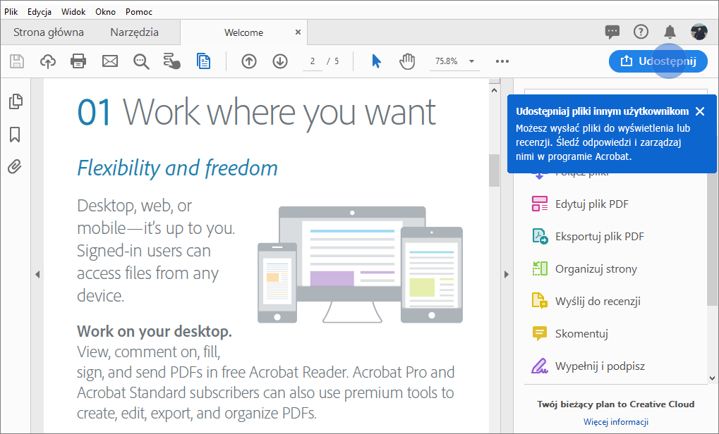 Wskazówka programu Acrobat dotycząca udostępniania plików PDF
