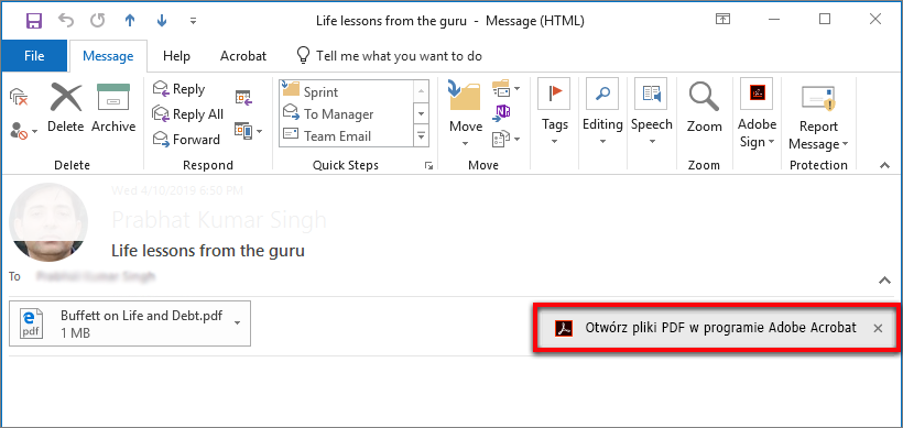 Otwieranie pliku PDF z programu Outlook w programie Acrobat