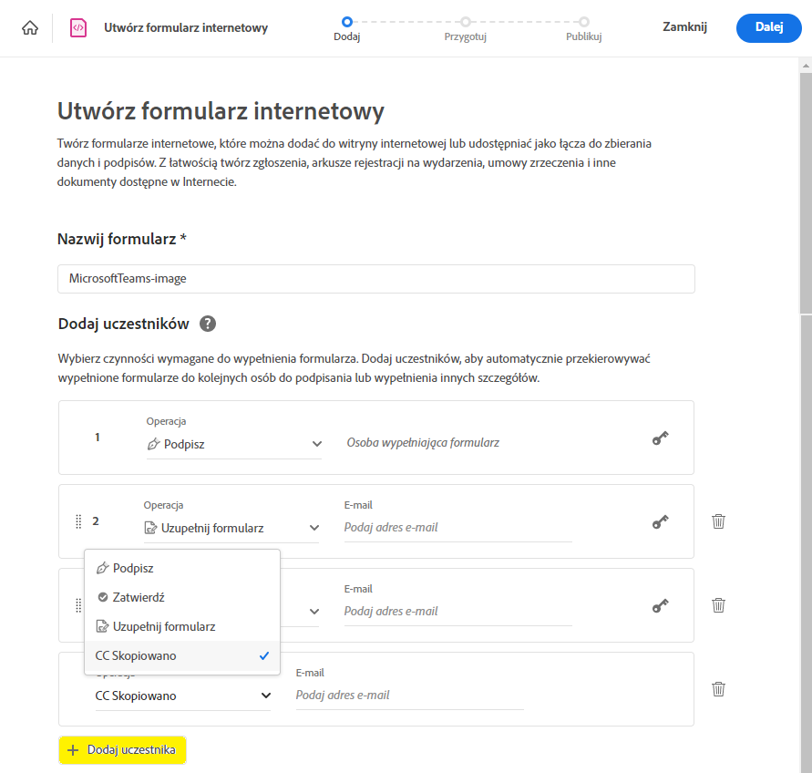 Dodawanie uczestników