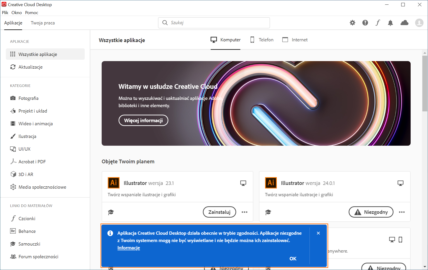Aplikacja Nieskonfigurowana Ta Aplikacja Jest Jeszcze W Trybie Deweloperskim Nie wszystkie aplikacje są wyświetlone do pobrania | Aplikacja Adobe