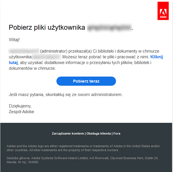Wiadomość e-mail umożliwiająca pobranie pliku