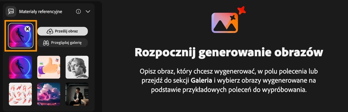 Przykład użycia funkcji Materiał referencyjny do połączenia poleceń tekstowych z obrazami referencyjnymi w celu wygenerowania wariantów.