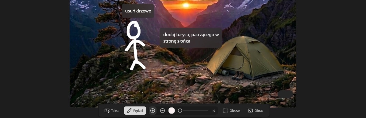 W sekcji Oznaczenie SI na stronie Edycja widać namiot w kółku, strzałkę i pole tekstowe z tekstem „przesuń namiot tutaj”.