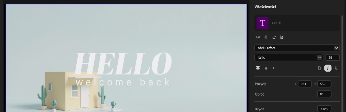 Warstwa tekstowa jest zaznaczona na osi czasu i możesz edytować właściwości tekstu. Te właściwości obejmują Położenie, Skalę, Obrót i więcej.