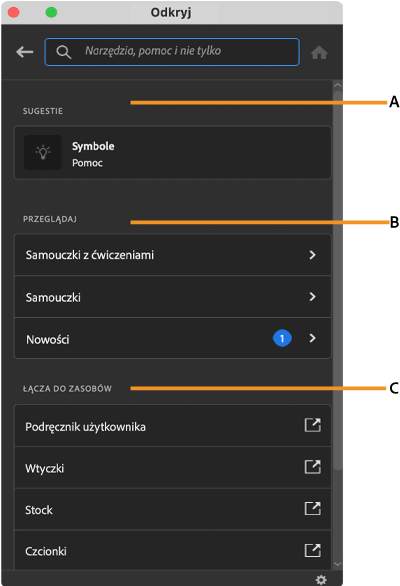 Interfejs panelu Odkryj w przestrzeni roboczej programu Illustrator