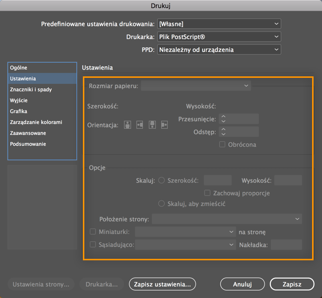 Nie można dostosować opcji strony podczas drukowania do pliku