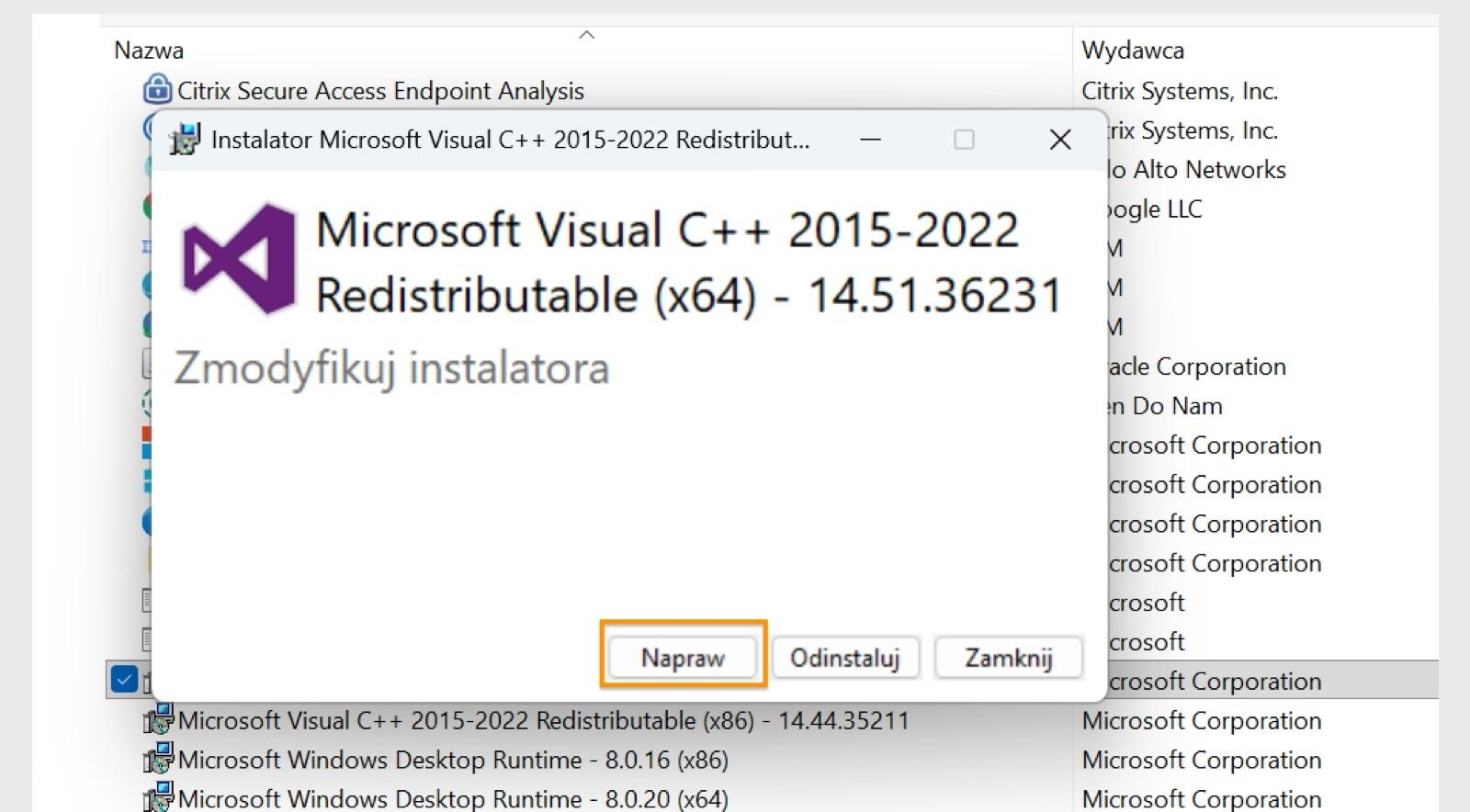 Okno dialogowe Modyfikuj konfigurację pakietu Microsoft Visual C++ Redistributable z podświetlonym przyciskiem Napraw.