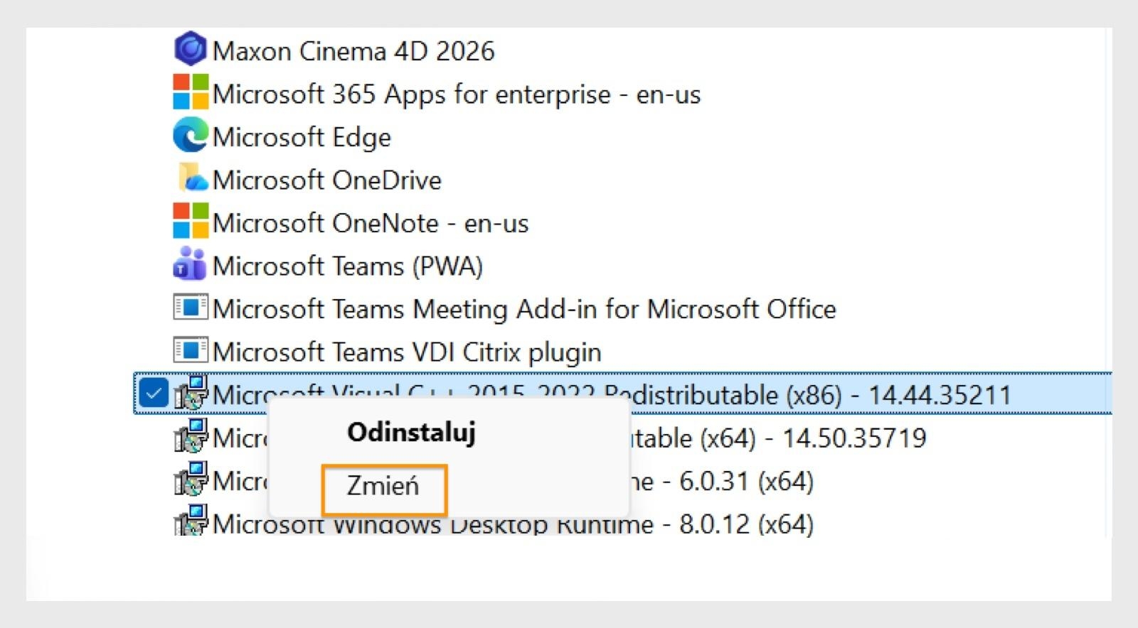 Okno Programy i funkcje pokazuje pakiet Microsoft Visual C++ Redistributable z podświetloną opcją Zmień.