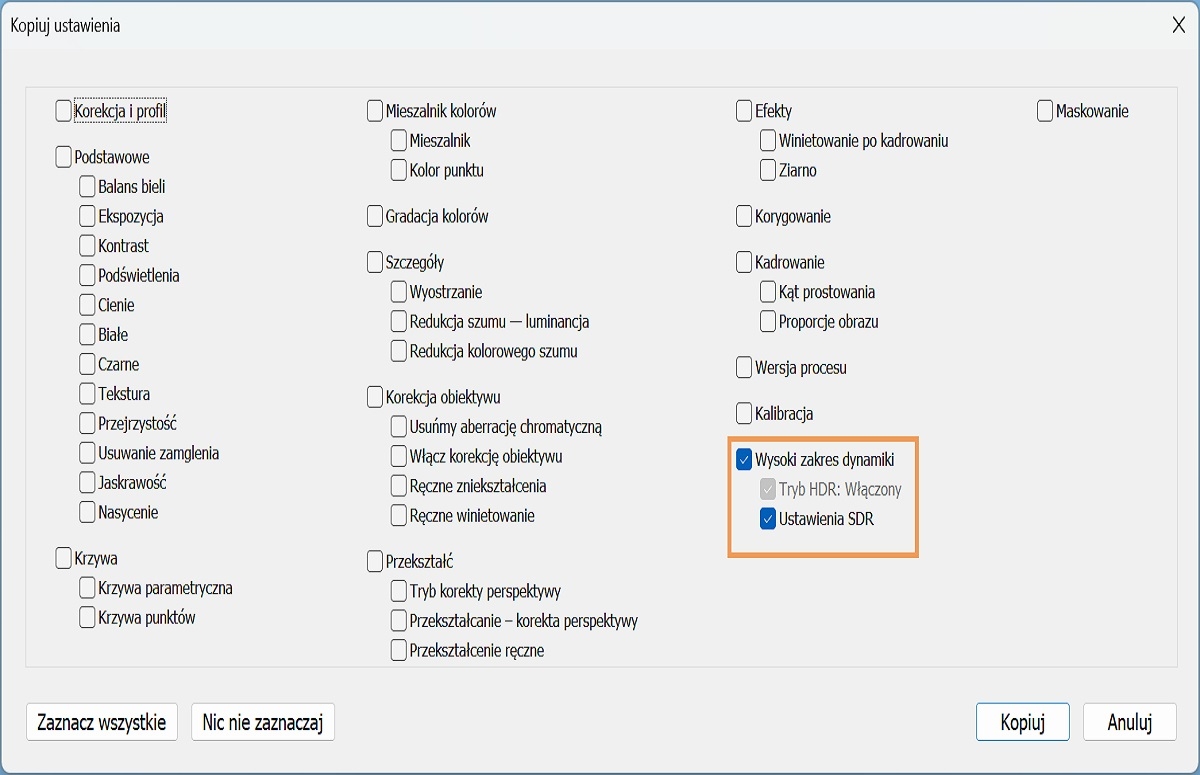 Kopiowanie i wklejanie ustawień trybu HDR