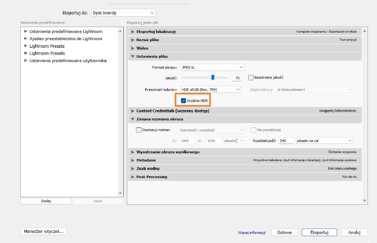 Ustawienia eksportu HDR