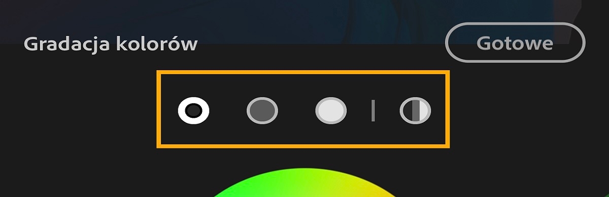 Suwaki Gradacja kolorów. Dotknij ikon w podświetlonej sekcji, aby wyświetlić poszczególne suwaki: Cienie, Półcienie, Podświetlenia i Globalne.