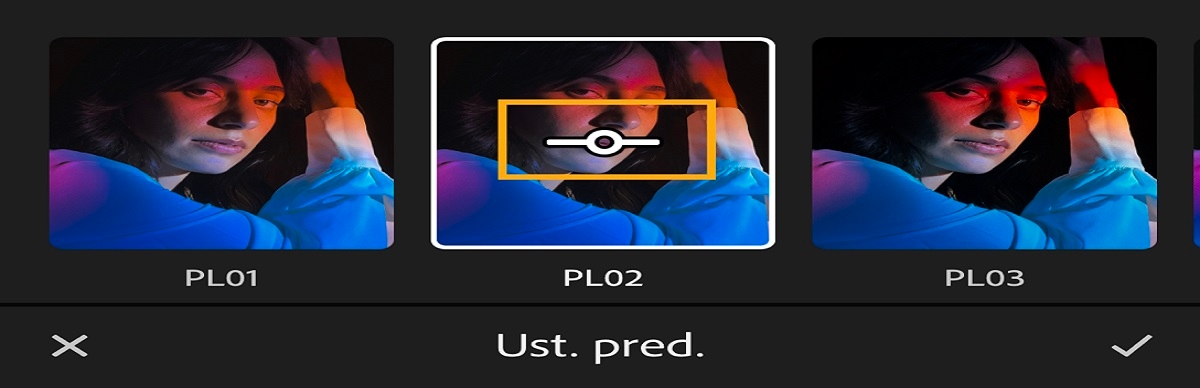 Zrzut ekranu suwaka intensywności ustawień predefiniowanych panelu