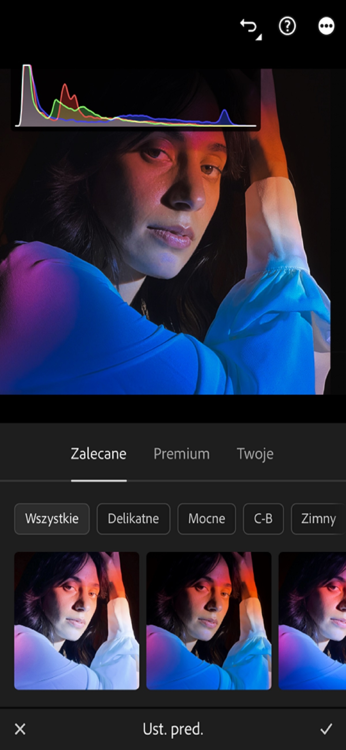 Zalecane ustawienia predefiniowane oraz ustawienia predefiniowane Premium w aplikacji Lightroom na urządzenia mobilne (iOS)