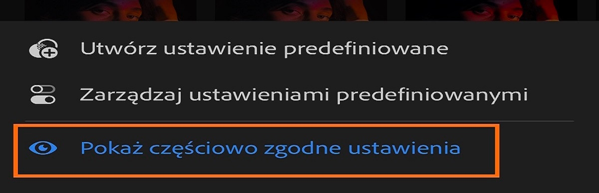 zrzut ekranu menu w celu wyświetlenia częściowo zgodnych ustawień predefiniowanych