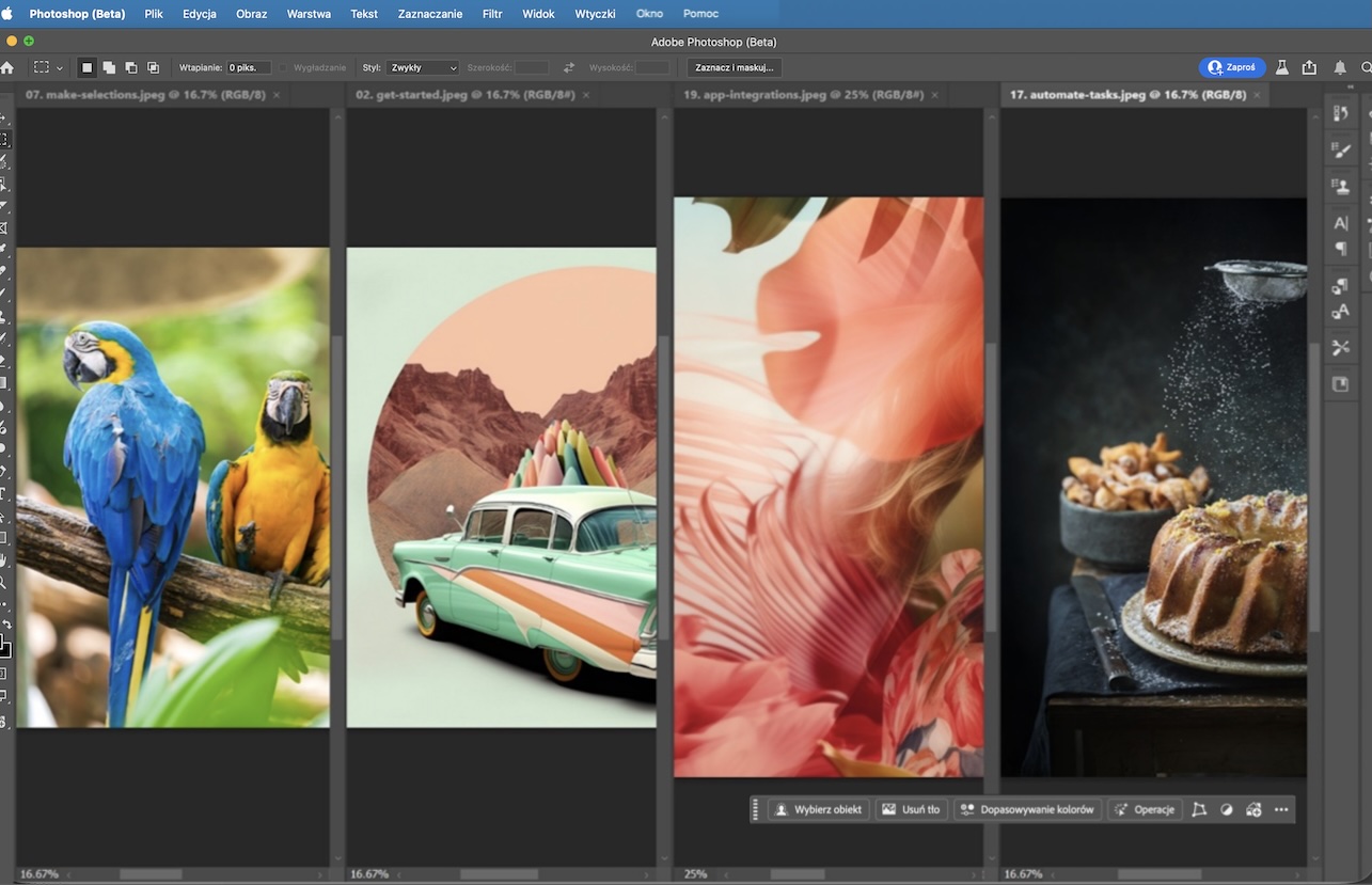 Adobe Photoshop z czterema otwartymi dokumentami ułożonymi w pionowym układzie kafelkowym, pokazujący jak wiele plików można przeglądać obok siebie.