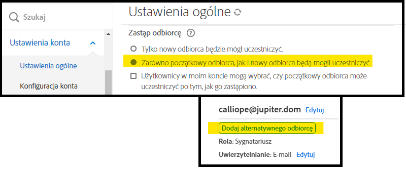 Menu administratora ustawień globalnych z podświetloną opcją Dodaj alternatywnego odbiorcę wraz z zestawem elementów sterujących strony Zarządzaj dla nadawcy.