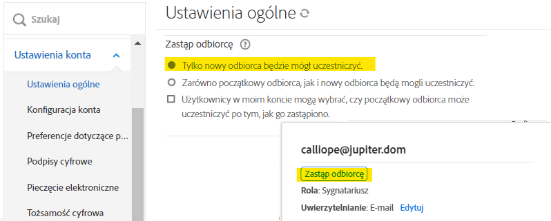 Menu administratora ustawień globalnych z podświetloną opcją Zastąp odbiorcę wraz z zestawem elementów sterujących strony Zarządzaj dla nadawcy.