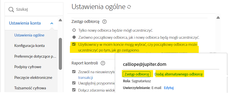 Menu administratora ustawień globalnych z podświetloną opcją wyboru działania dla nadawców wraz z zestawem elementów sterujących strony Zarządzaj dla nadawcy.